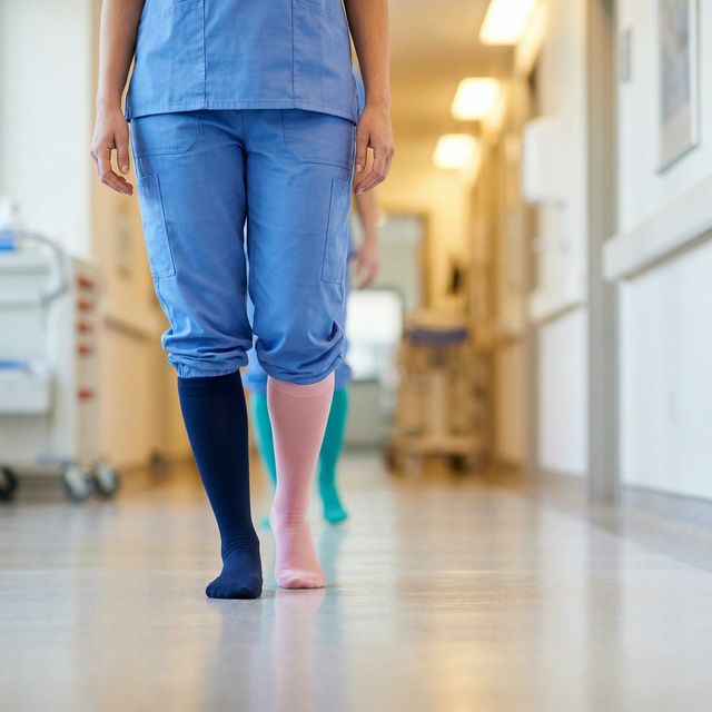 Nurses wearing colorful compression socks in hospital corridor